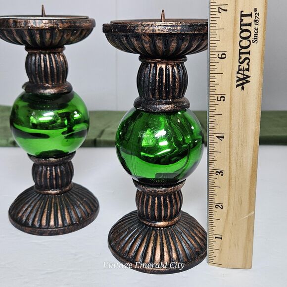 Vtg Rare Metallic Green Chunky Candlestick Candle Holder Set of 2 Festive Decor - Picture 6 of 12
